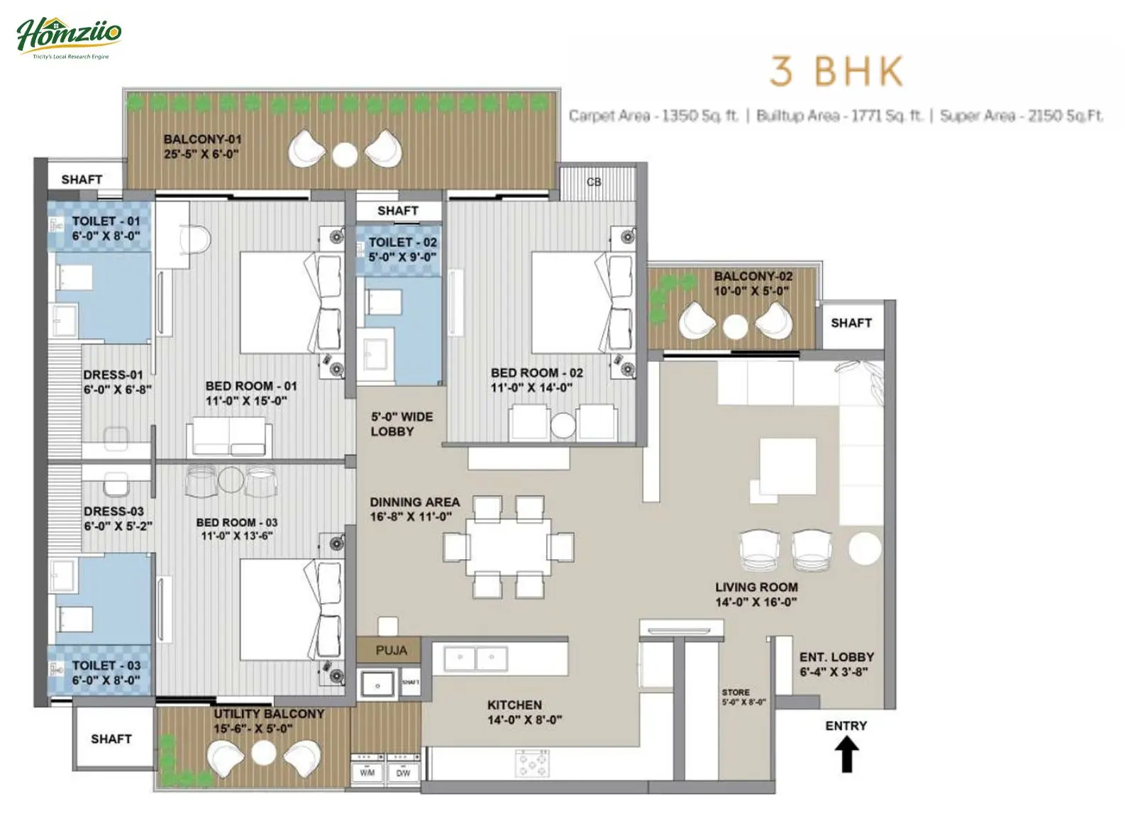 3 BHK Apartment floor plan