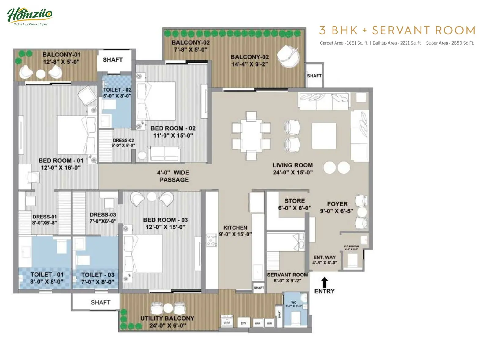 3 BHK + Servant Apartments floor plan