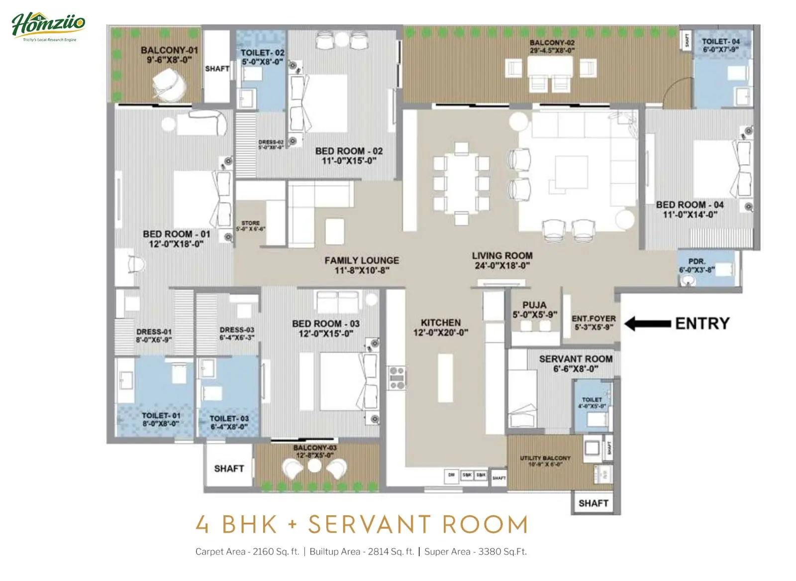 4 BHK + Servant Apartment floor plan