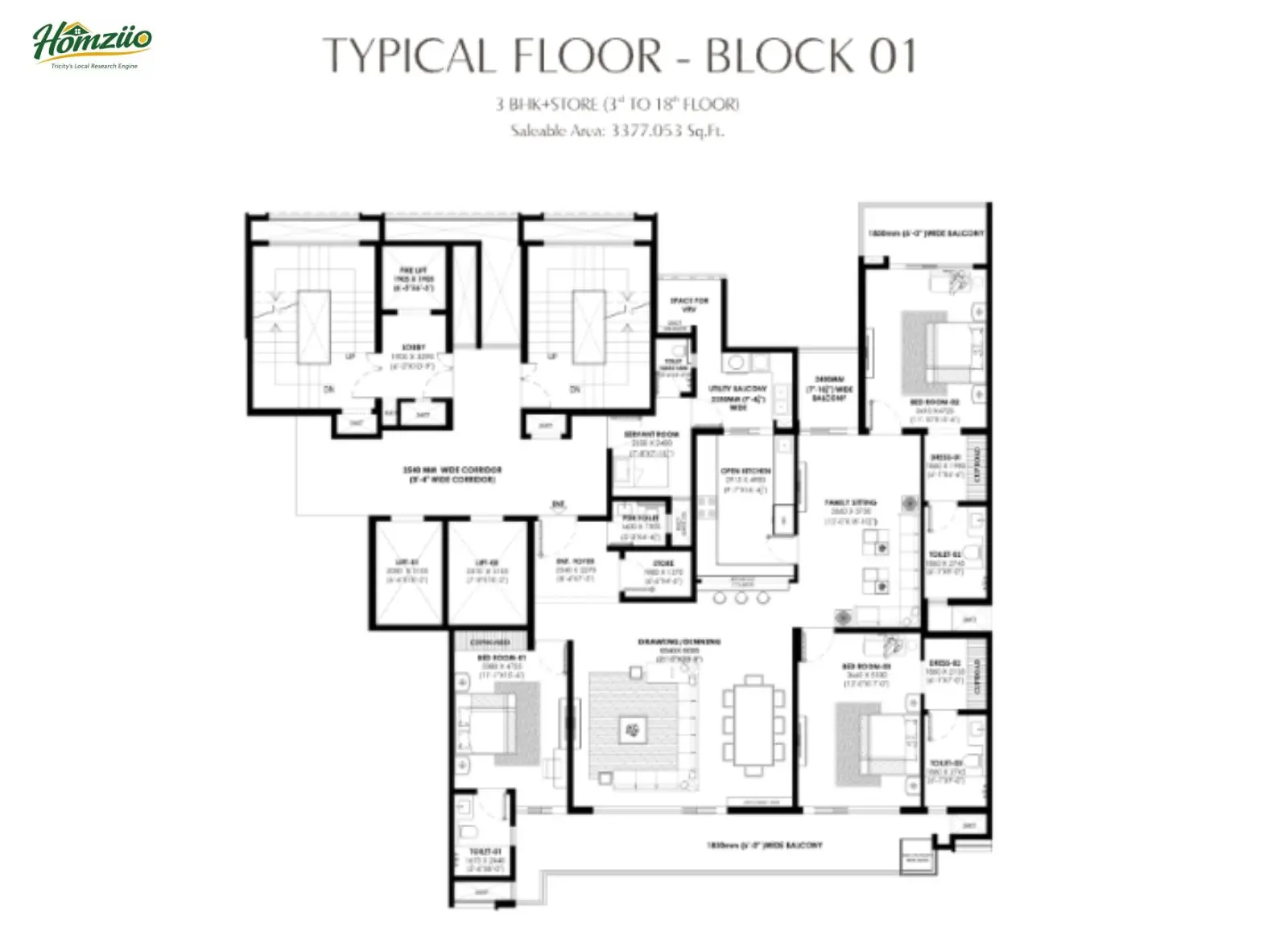3 BHK + Store floor plan
