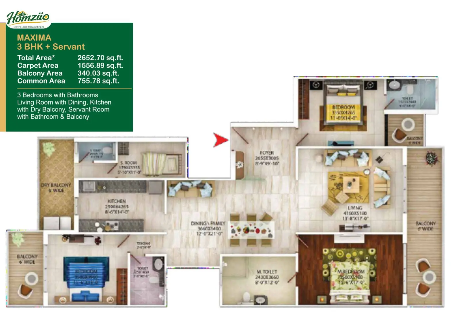 3 BHK + Servant Room floor plan