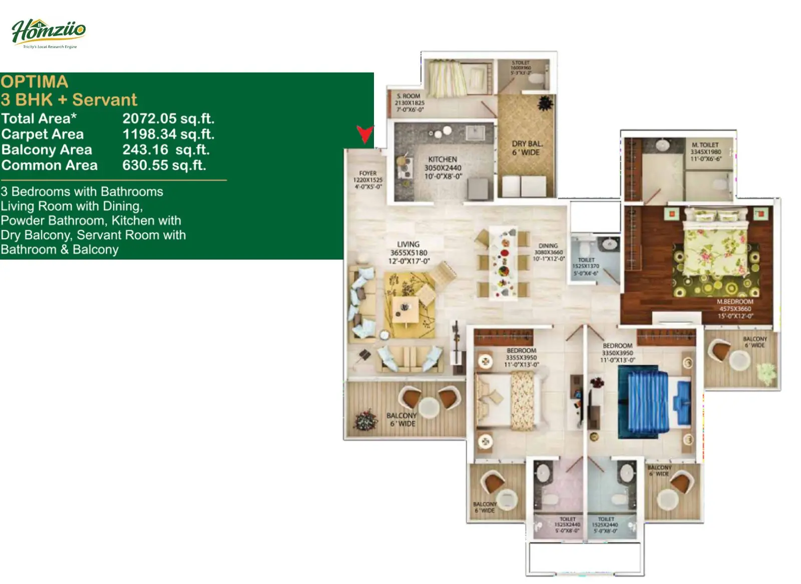3 BHK + Servant Room floor plan