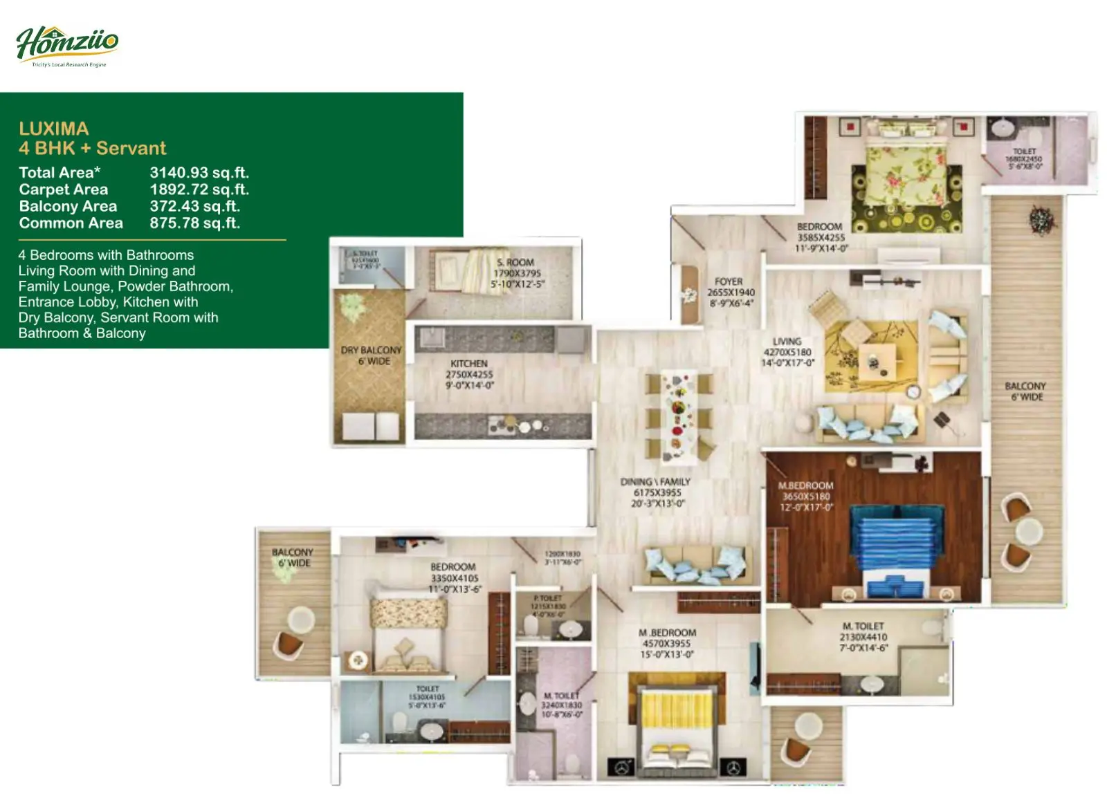 4 BHK + Servant Room floor plan