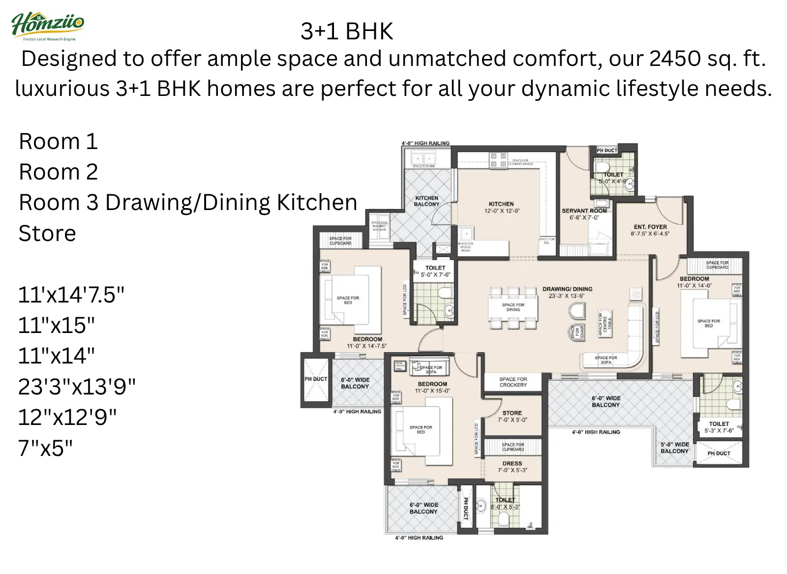 3+1 BHK floor plan