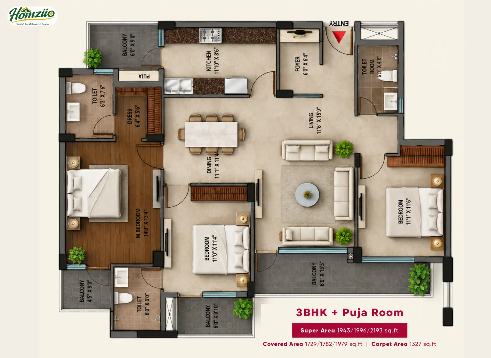 3BHK + Puja Room floor plan