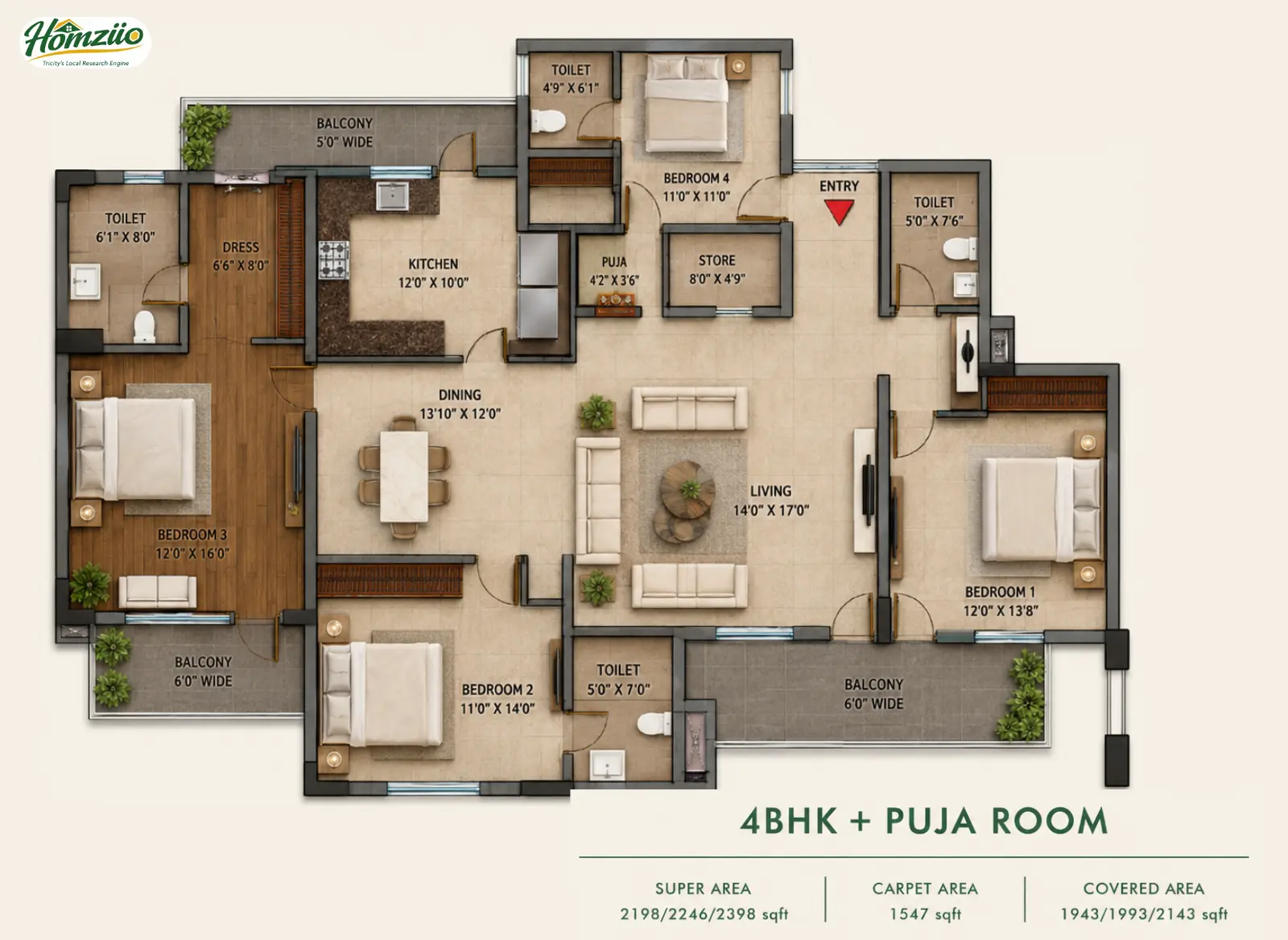 3BHK + Puja Room floor plan