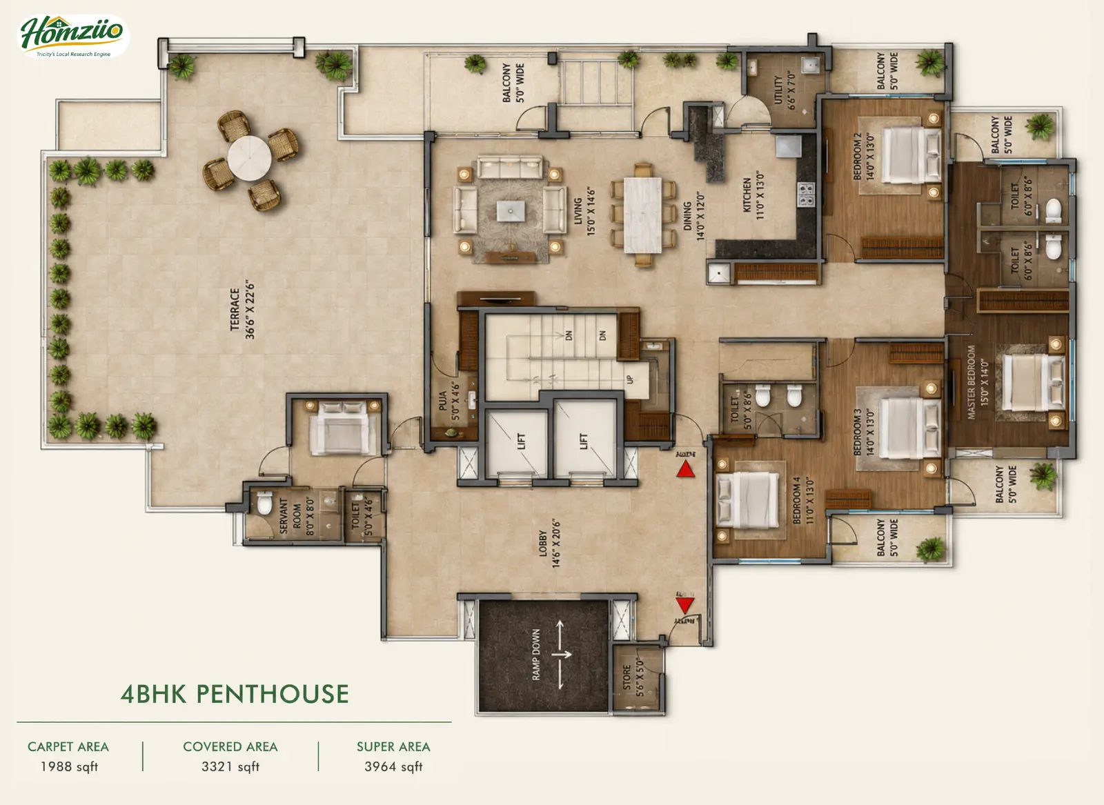 Penthouse: 4 BHK + Servant Room floor plan