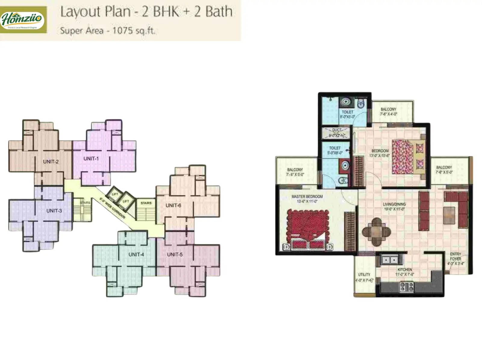 2 BHK + 2 Bath floor plan