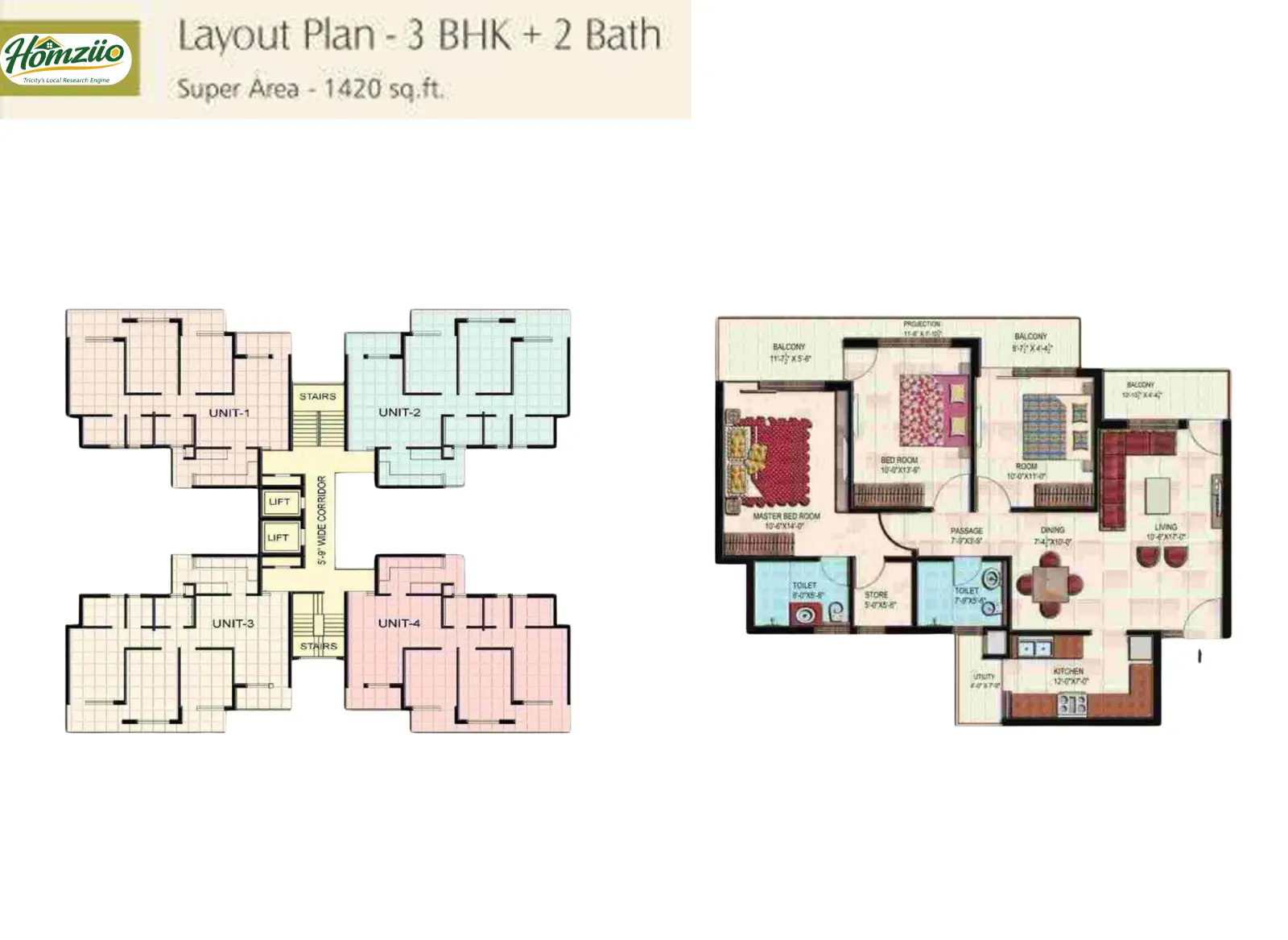 3 BHK + 2 Bath floor plan