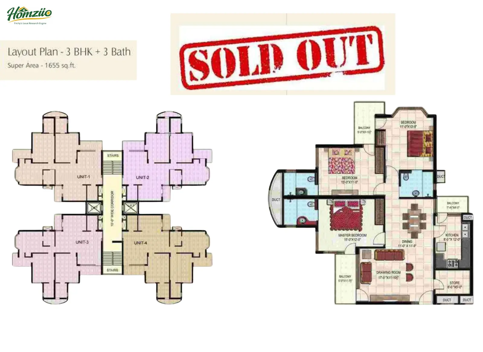 3 BHK + 3 bath floor plan