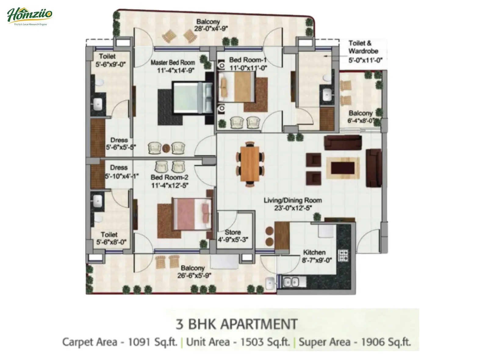 3 BHK Apartment floor plan