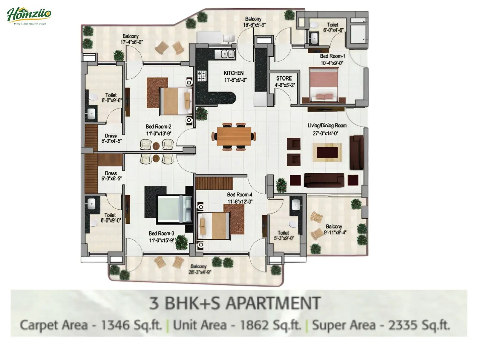 3 BHK + S Apartments floor plan