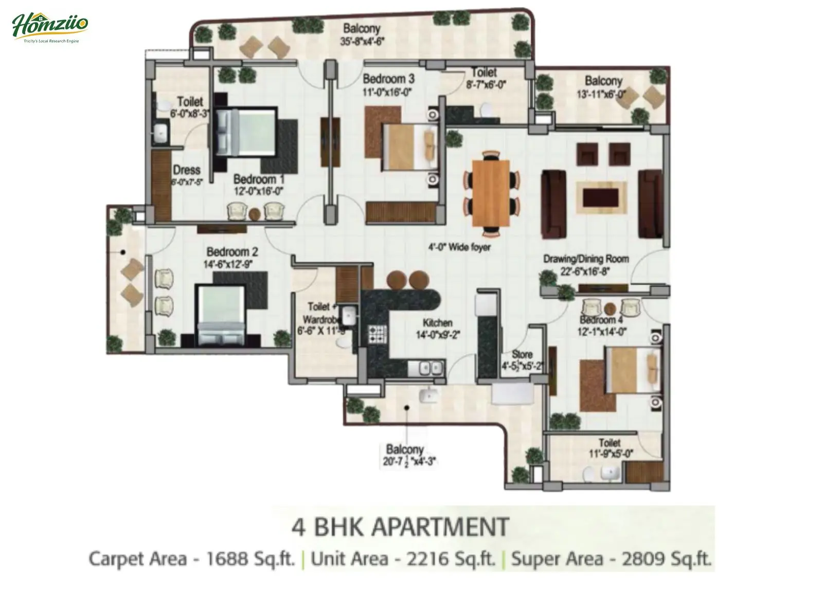 4 BHK Apartment floor plan