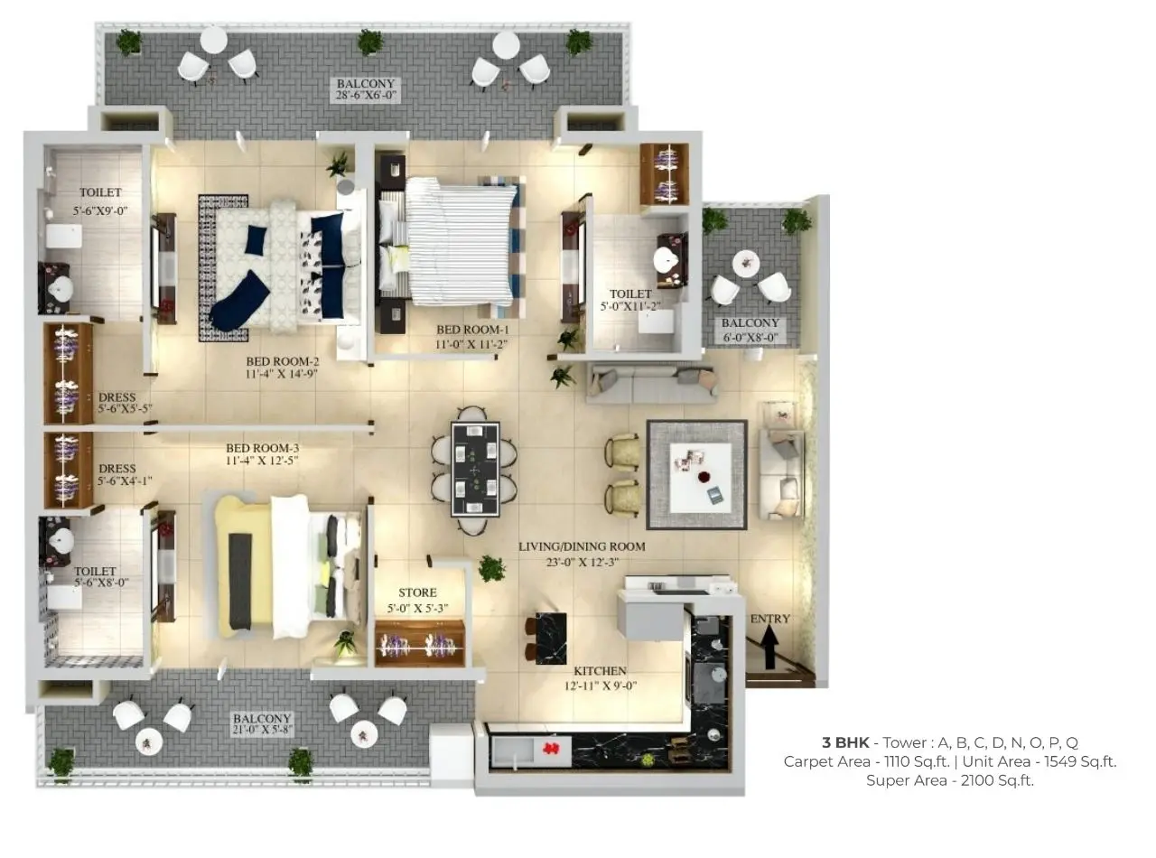 3 BHK floor plan