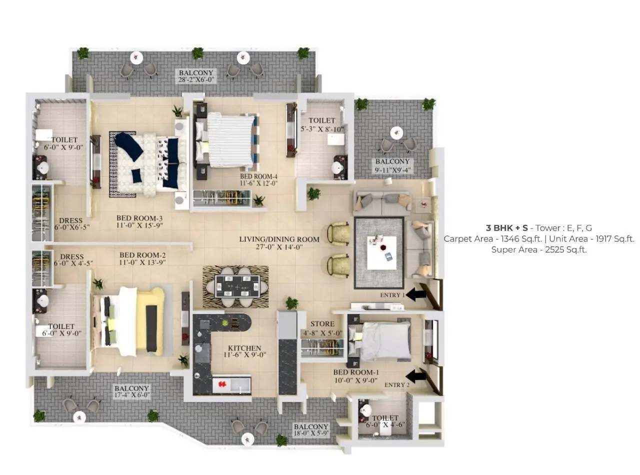 3 BHK + S floor plan