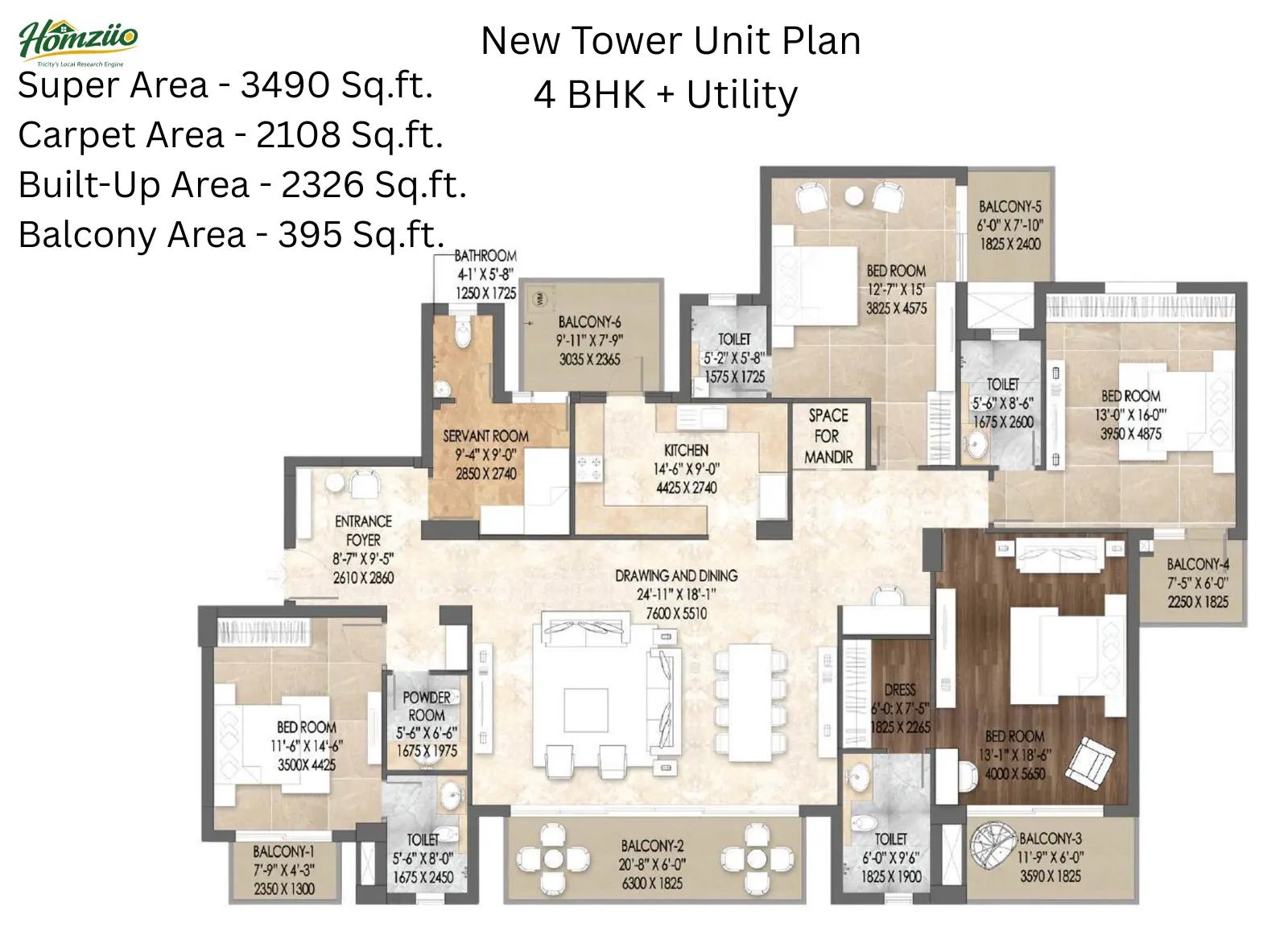 4 BHK + Utility floor plan