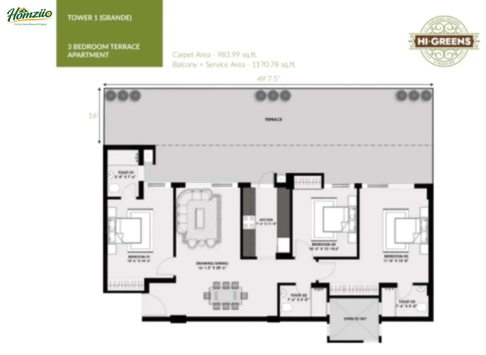 3 BHK + Terrace Apartment ( Tower 1 ) floor plan
