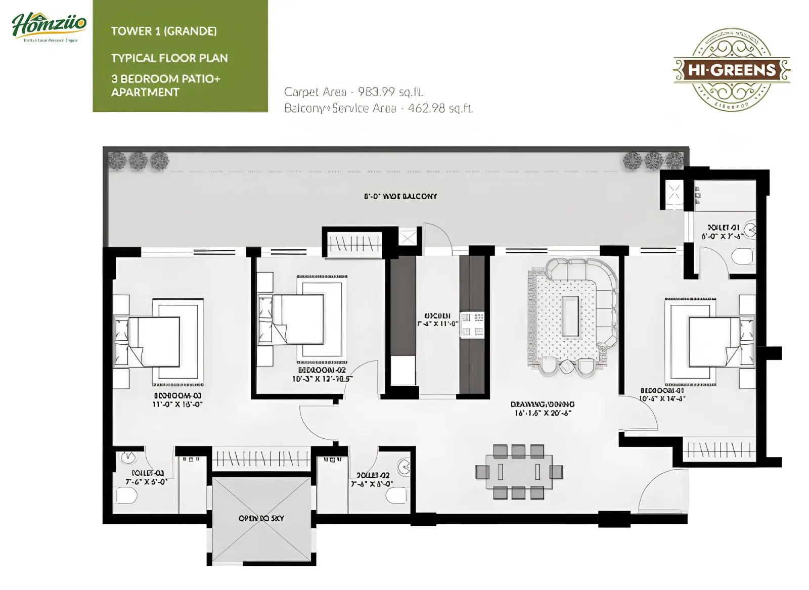 3 BHK + Patio ( Tower 1 ) floor plan