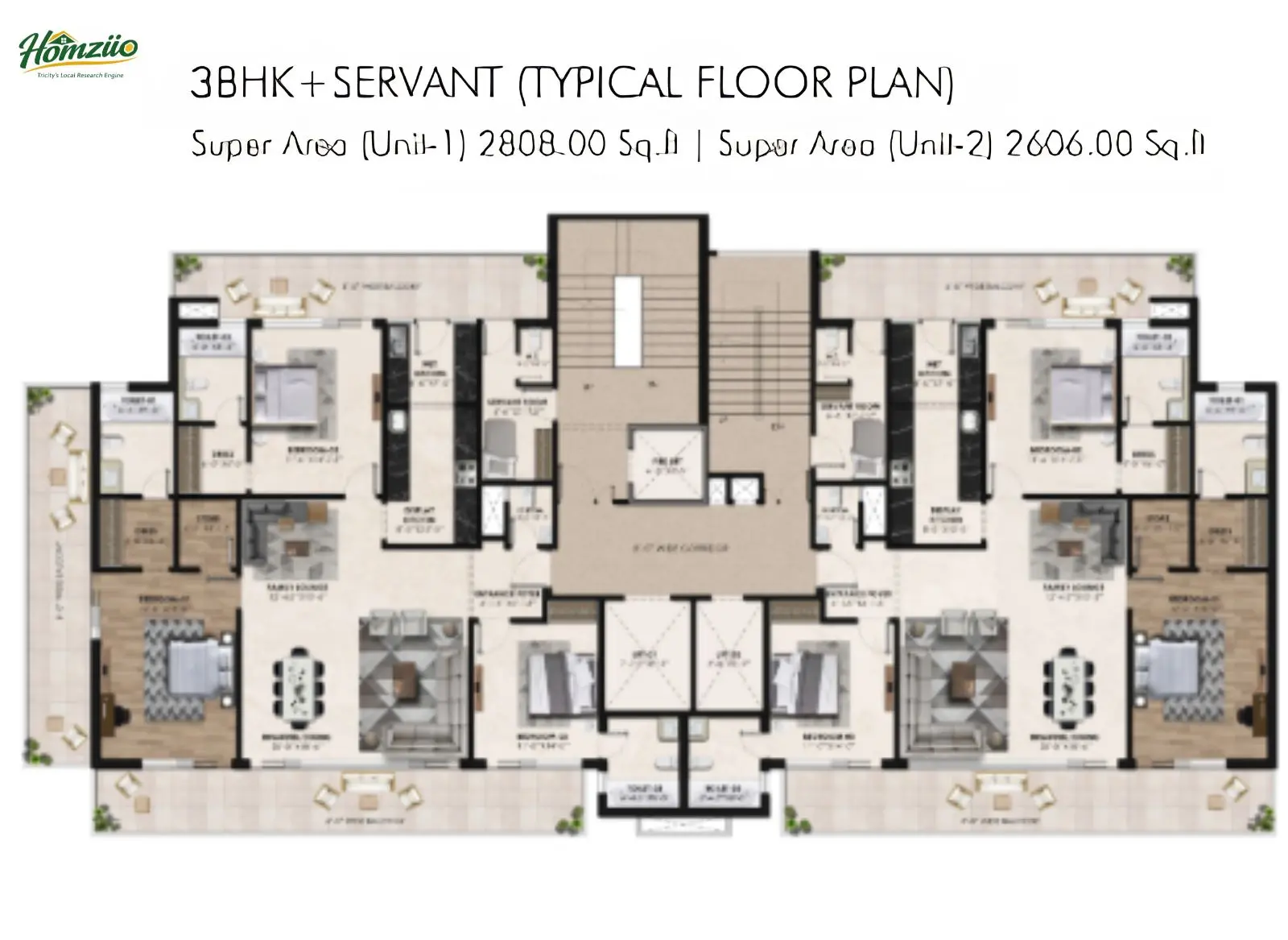 3 BHK + Servant floor plan