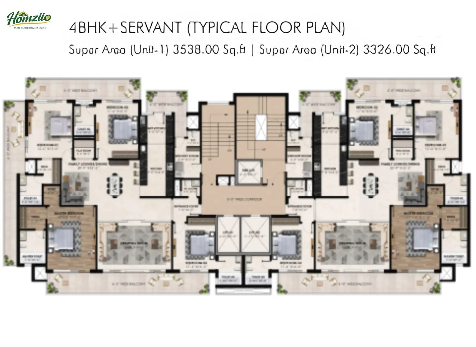 4 BHK + Servant floor plan