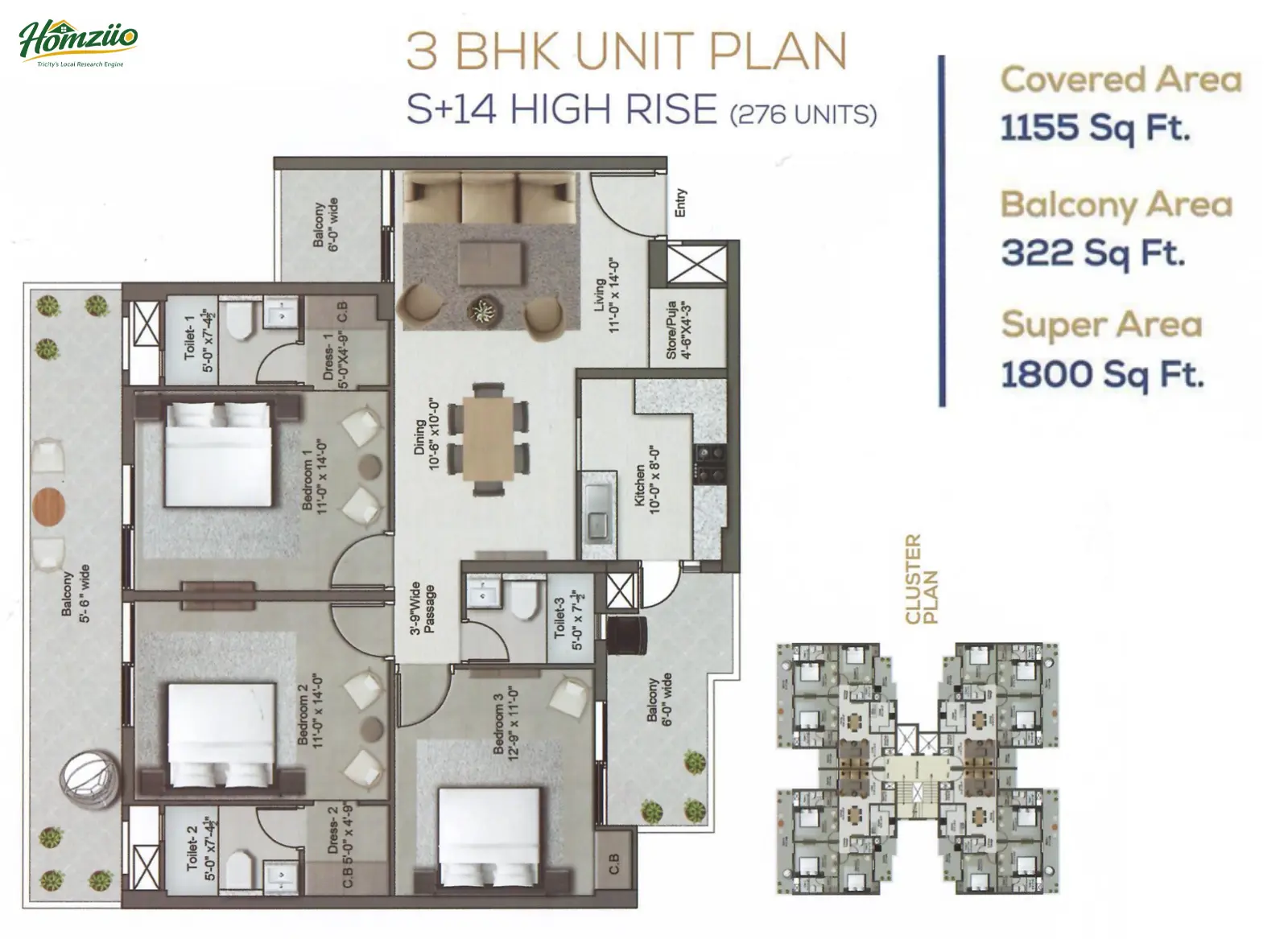 3 BHK floor plan