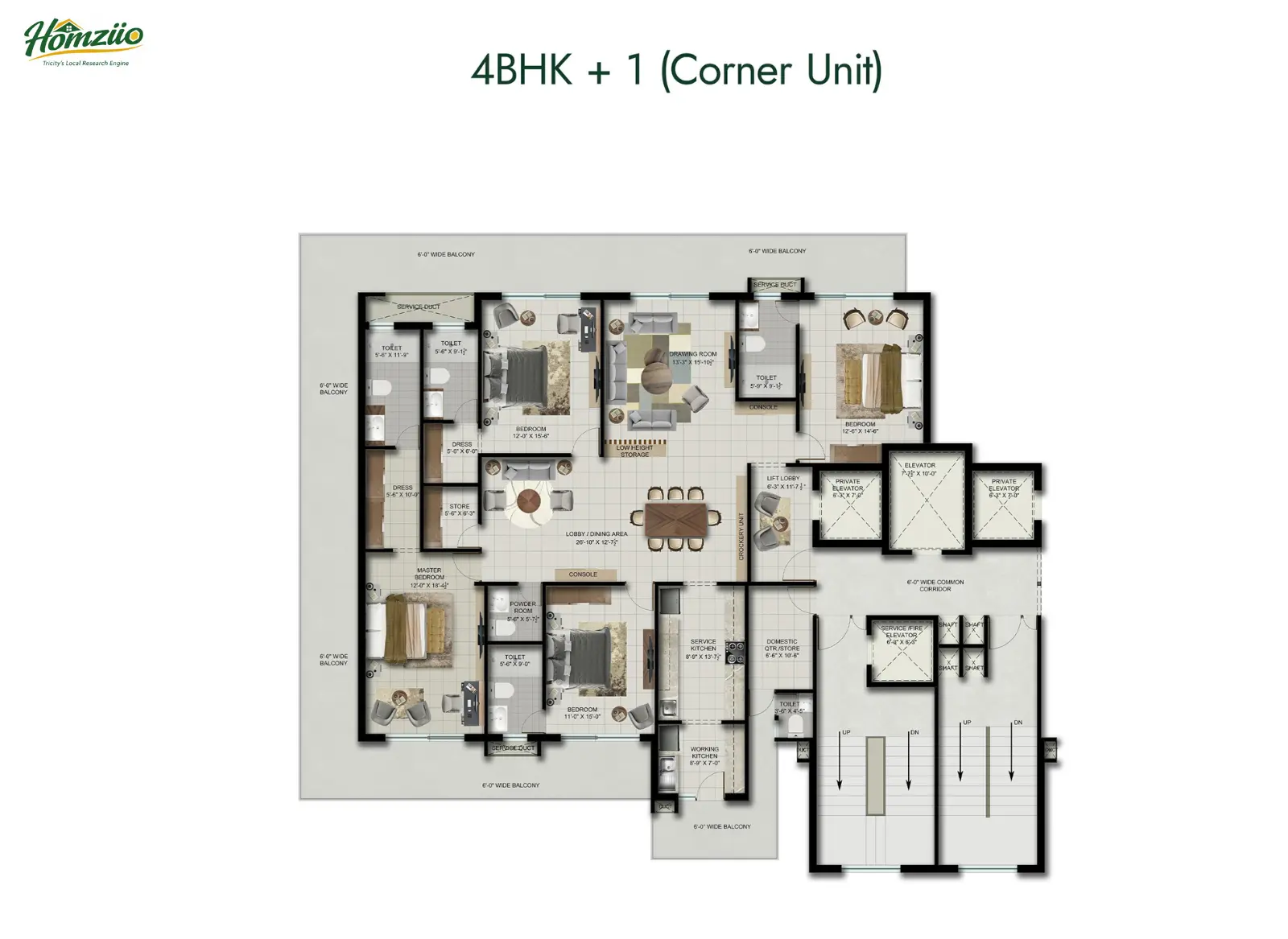 4+1 BHK Corner floor plan
