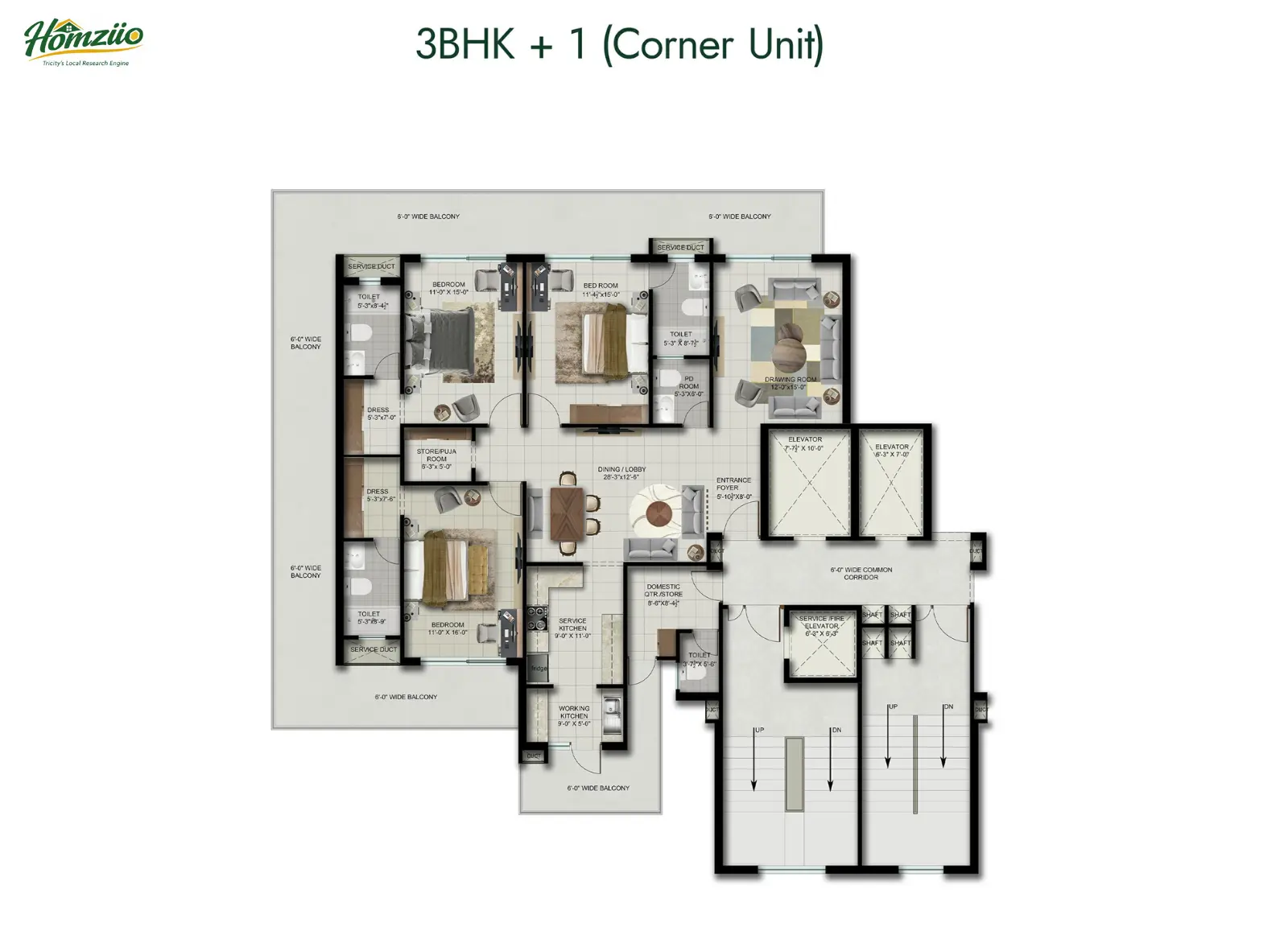 3+1 BHK Corner floor plan