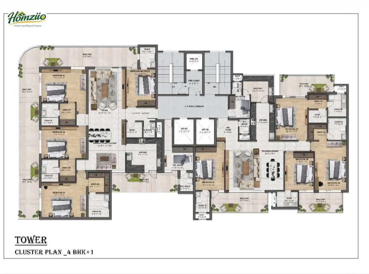 Tower Cluster Plan 4bhk+1 floor plan