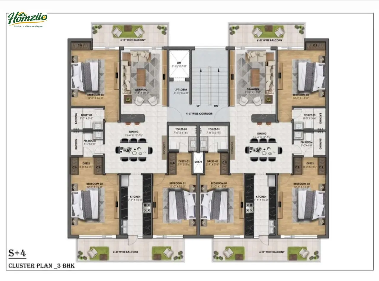 Cluster Plan 3 BHK ( S+ 4 ) floor plan