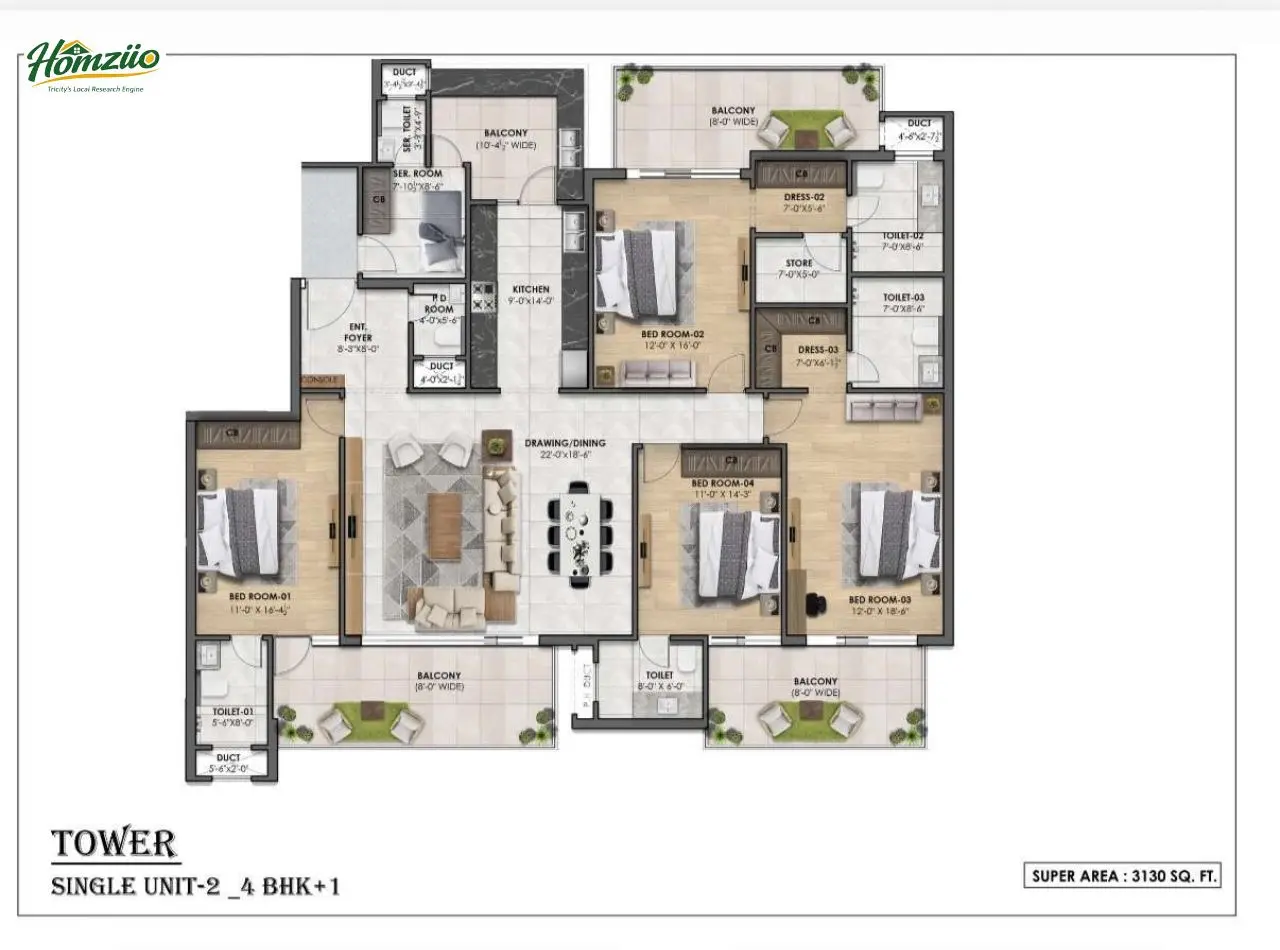 Tower Single Unit -1 ( 4bhk+1) floor plan