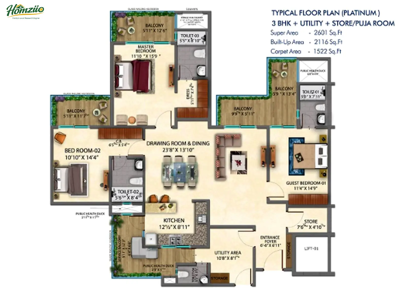 3+1 BHK Apartments floor plan