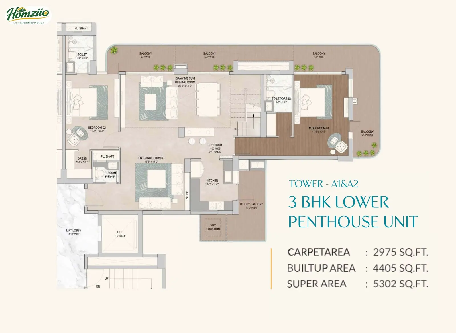 Tower - A1 & A2 3 BHK Lower Penthouse Unit floor plan