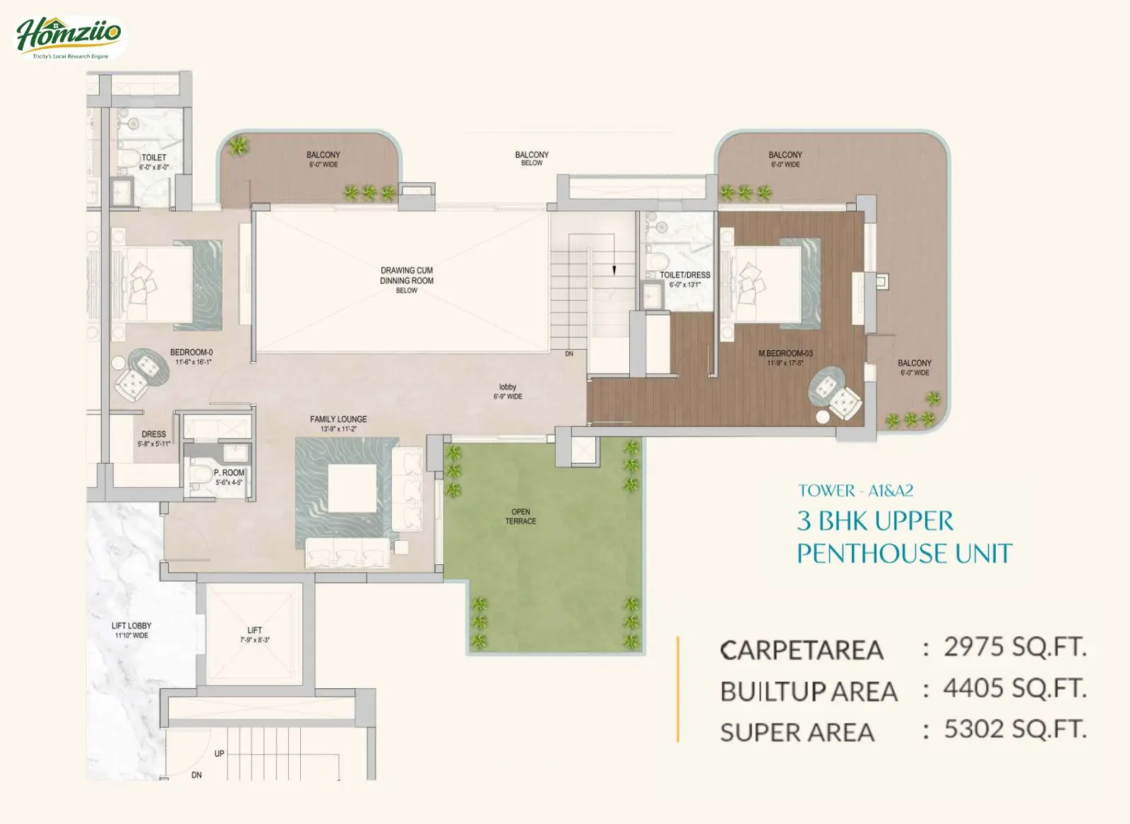 Tower - A1 & A2 3 BHK Upper Penthouse Unit floor plan