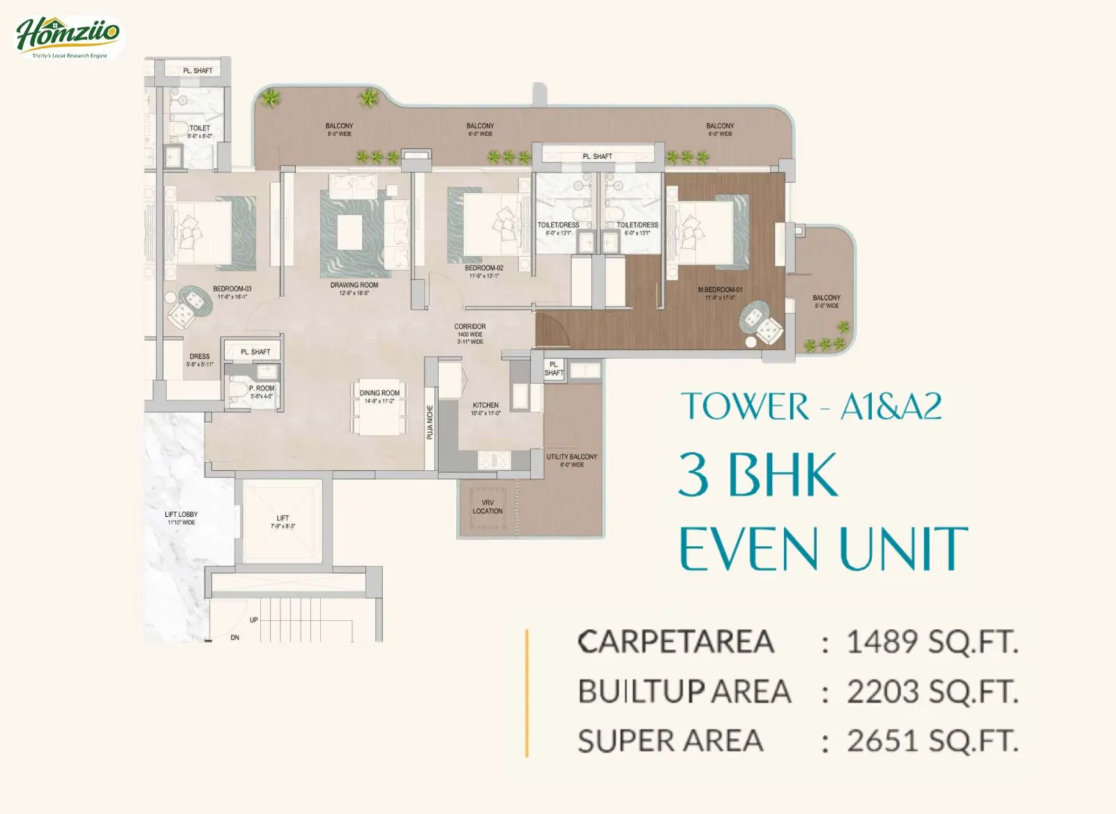 Tower - A1 & A2 Even 3 BHK Unit floor plan