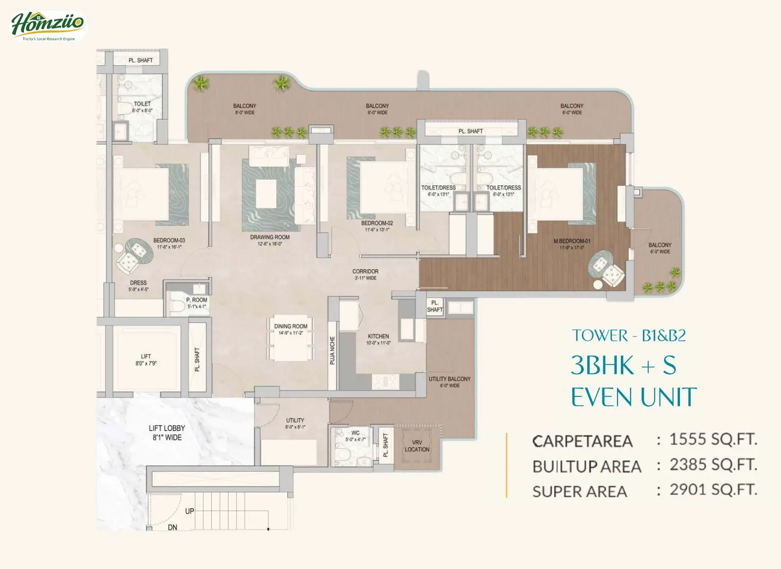 Tower - B1 & B2 3 BHK + S Even Unit floor plan