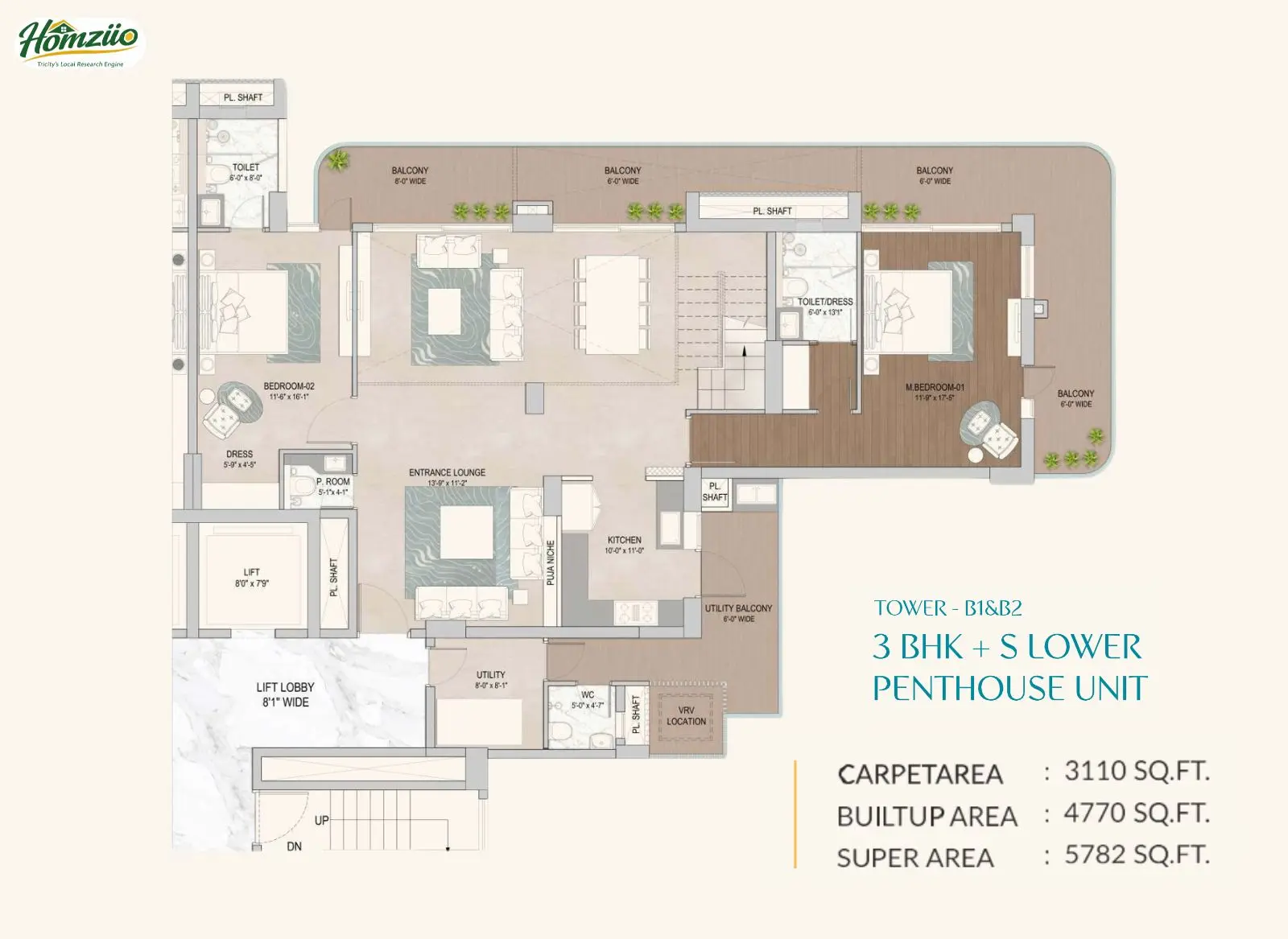 Tower - B1 & B2 3 BHK Lower Penthouse Unit floor plan