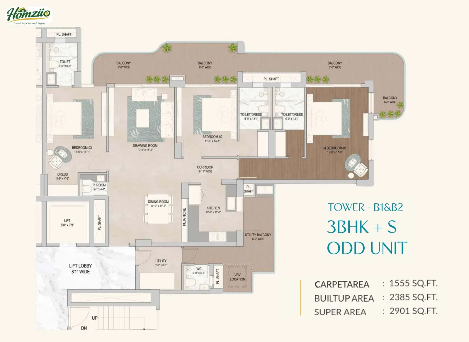 Tower - B1 & B2 3 BHK + S Old Unit floor plan