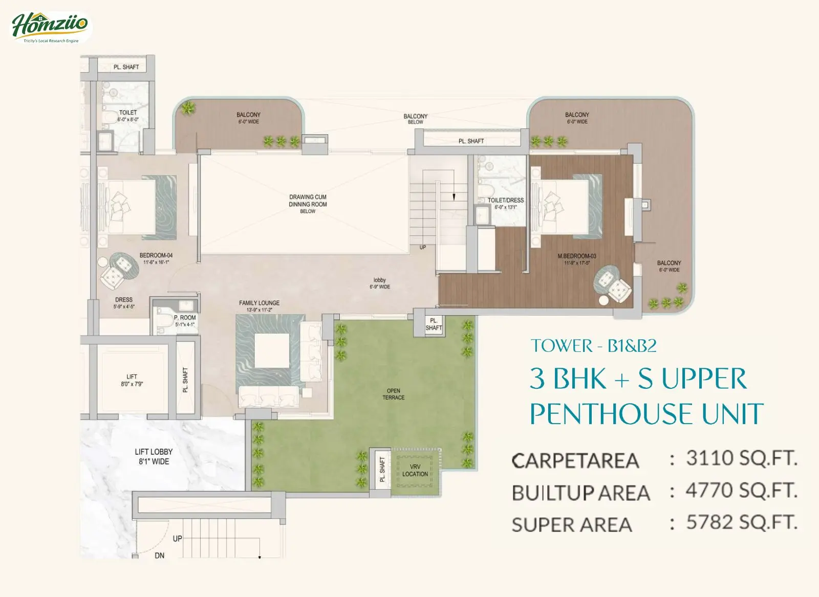Tower - B1 & B2 3 BHK Upper Penthouse Unit floor plan