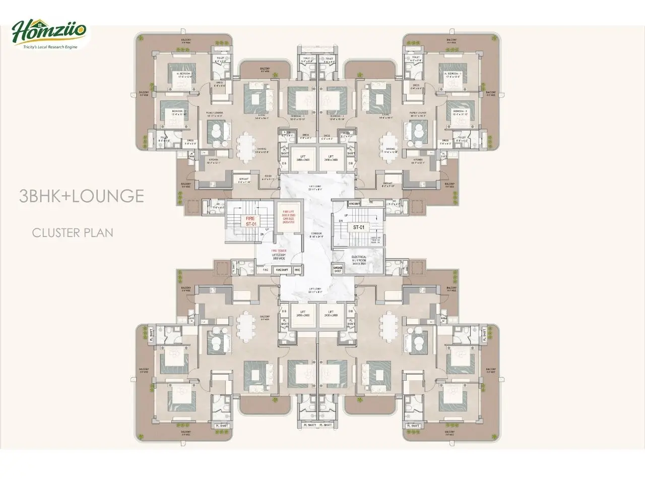 3bhk+lounge cluster plan floor plan