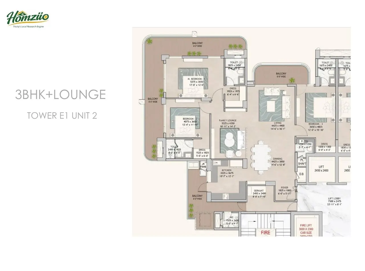 3bhk+lounge tower-e1 unit-2 floor plan
