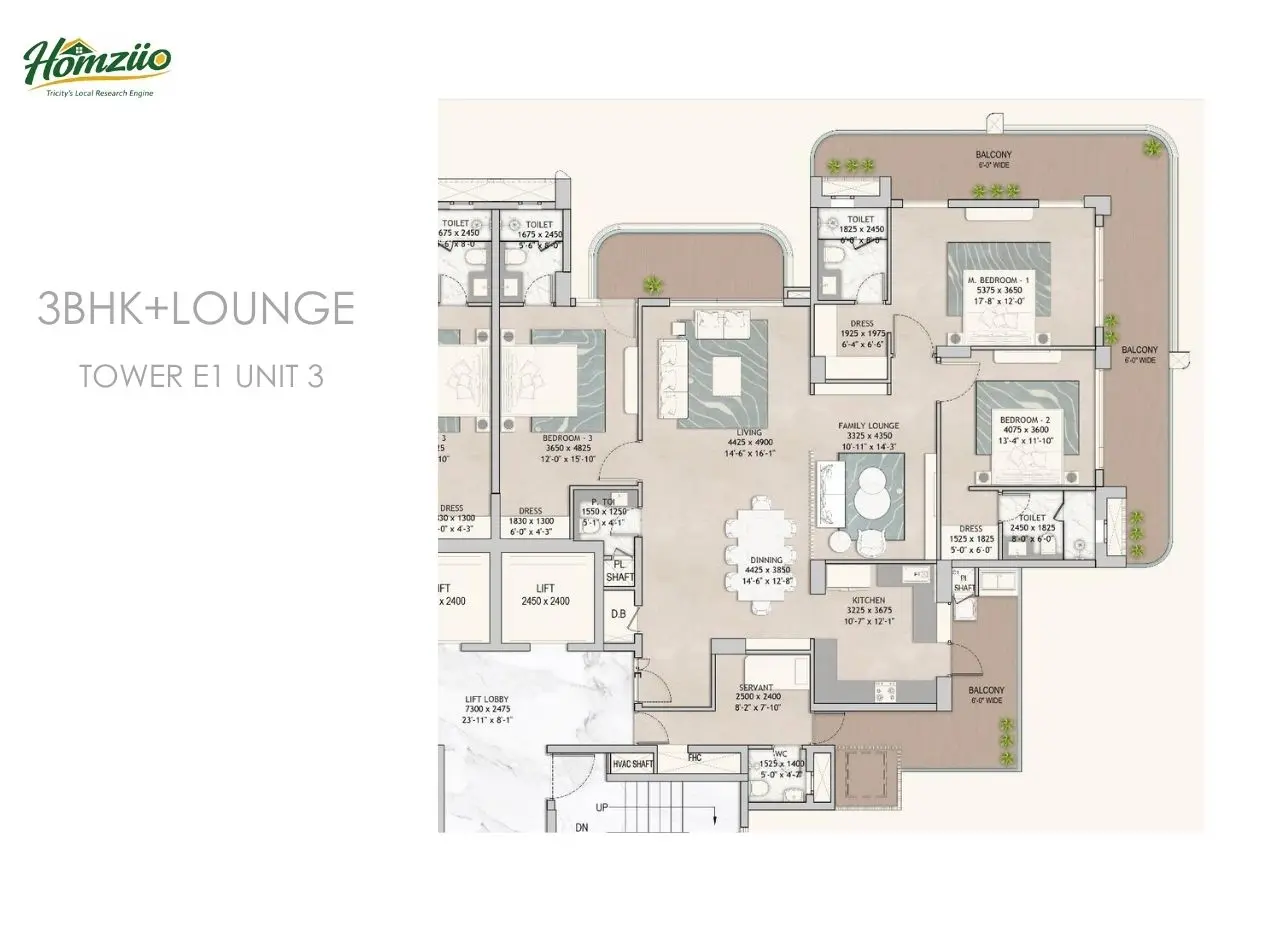 3bhk+lounge tower-e1 unit-3 floor plan