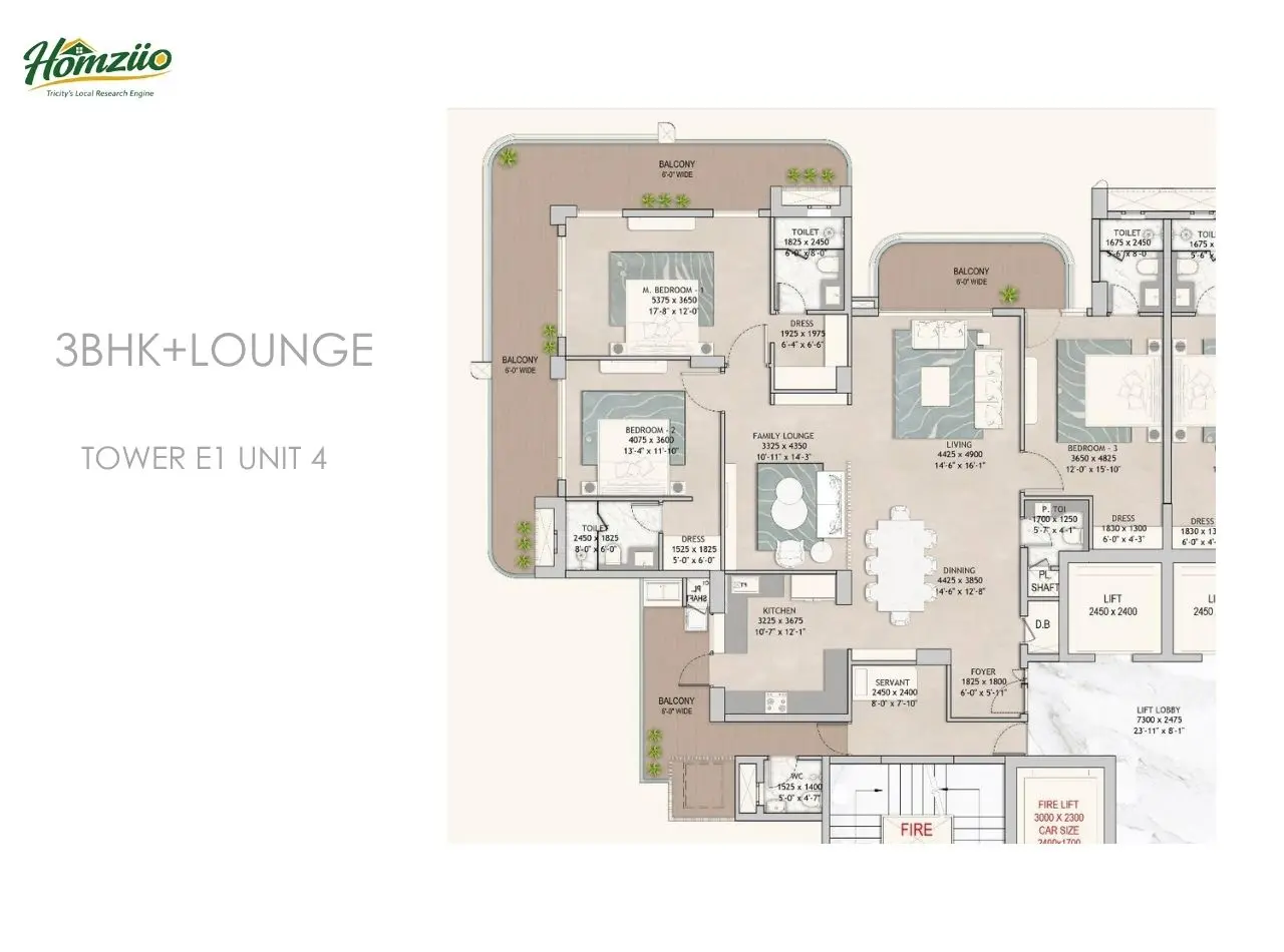 3bhk+lounge tower-e1 unit-4 floor plan