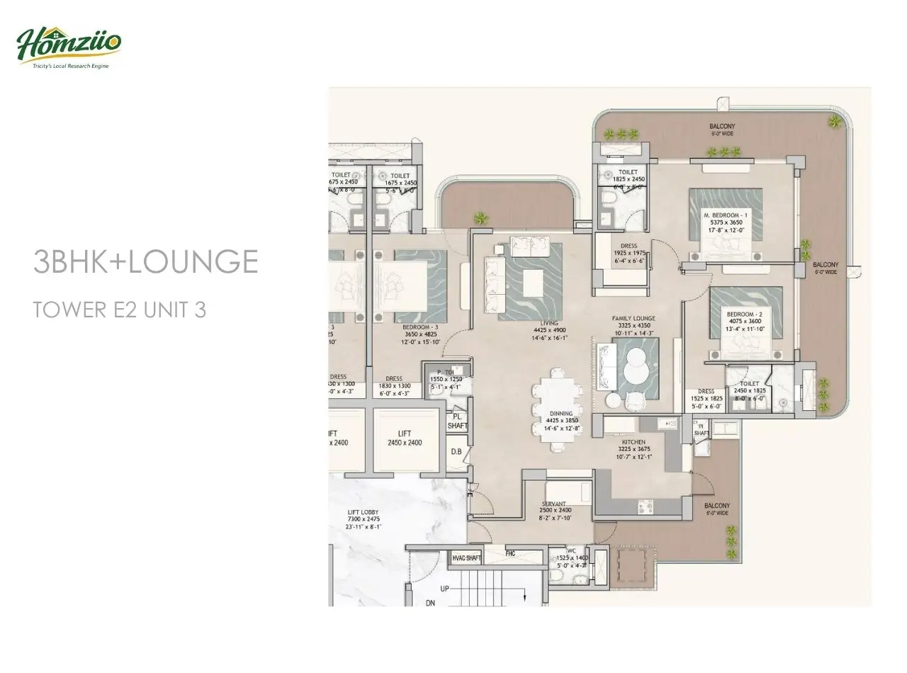 3bhk+lounge tower-e2 unit-3 floor plan