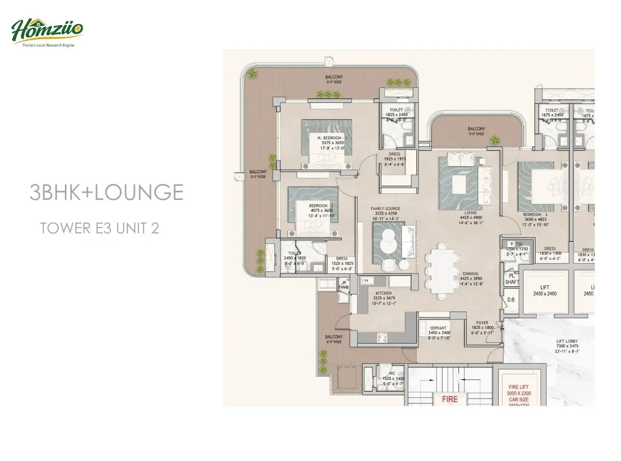 3bhk+lounge tower-e3 unit-2 floor plan
