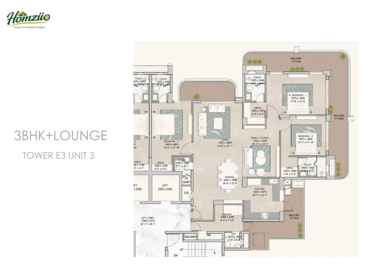 3bhk+lounge tower-e3 unit-3 floor plan