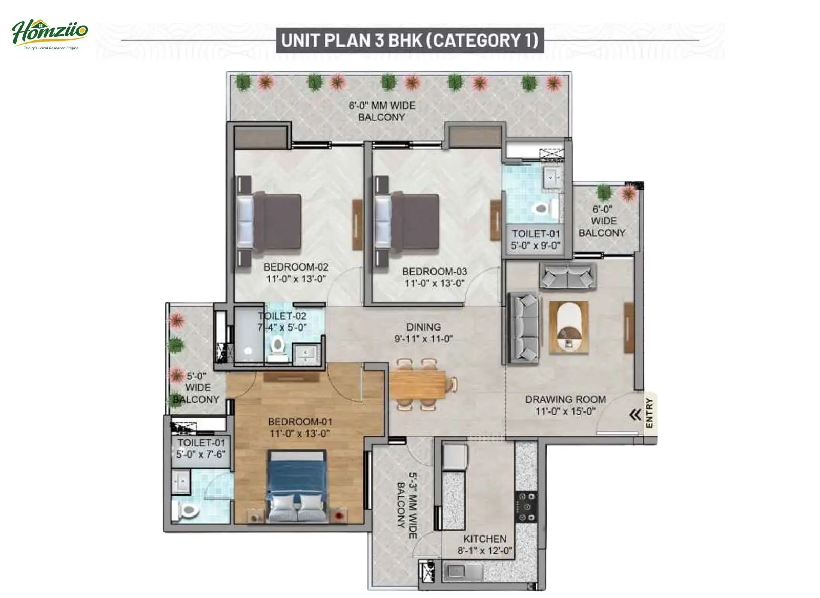 3 BHK Apartment floor plan