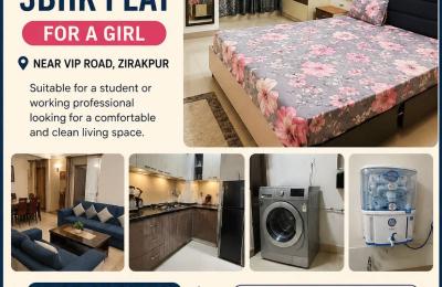 Fully Furnished Room Available for Girl in 3BHK Flat | Near VIP Road, Zirakpur