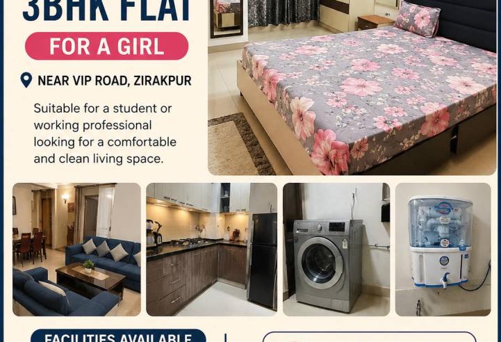 Fully Furnished Room Available for Girl in 3BHK Flat | Near VIP Road, Zirakpur