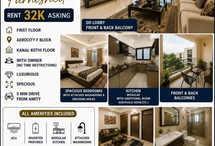 Luxury Furnished 2+1 BHK First Floor in 1 Kanal Kothi | Aerocity F Block | Near Amity University
