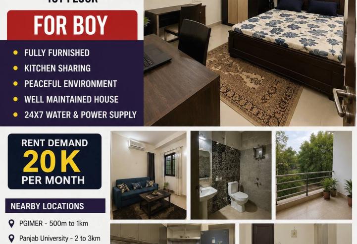 Fully Furnished 1BHK/Single Room in 1 Kanal House | Sector 16, Chandigarh | For Boys